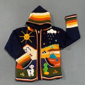 Kids 4T Peruvian Folk Art Hand Knit Hooded Zip Cardigan Sweater Navy Llama Sun
